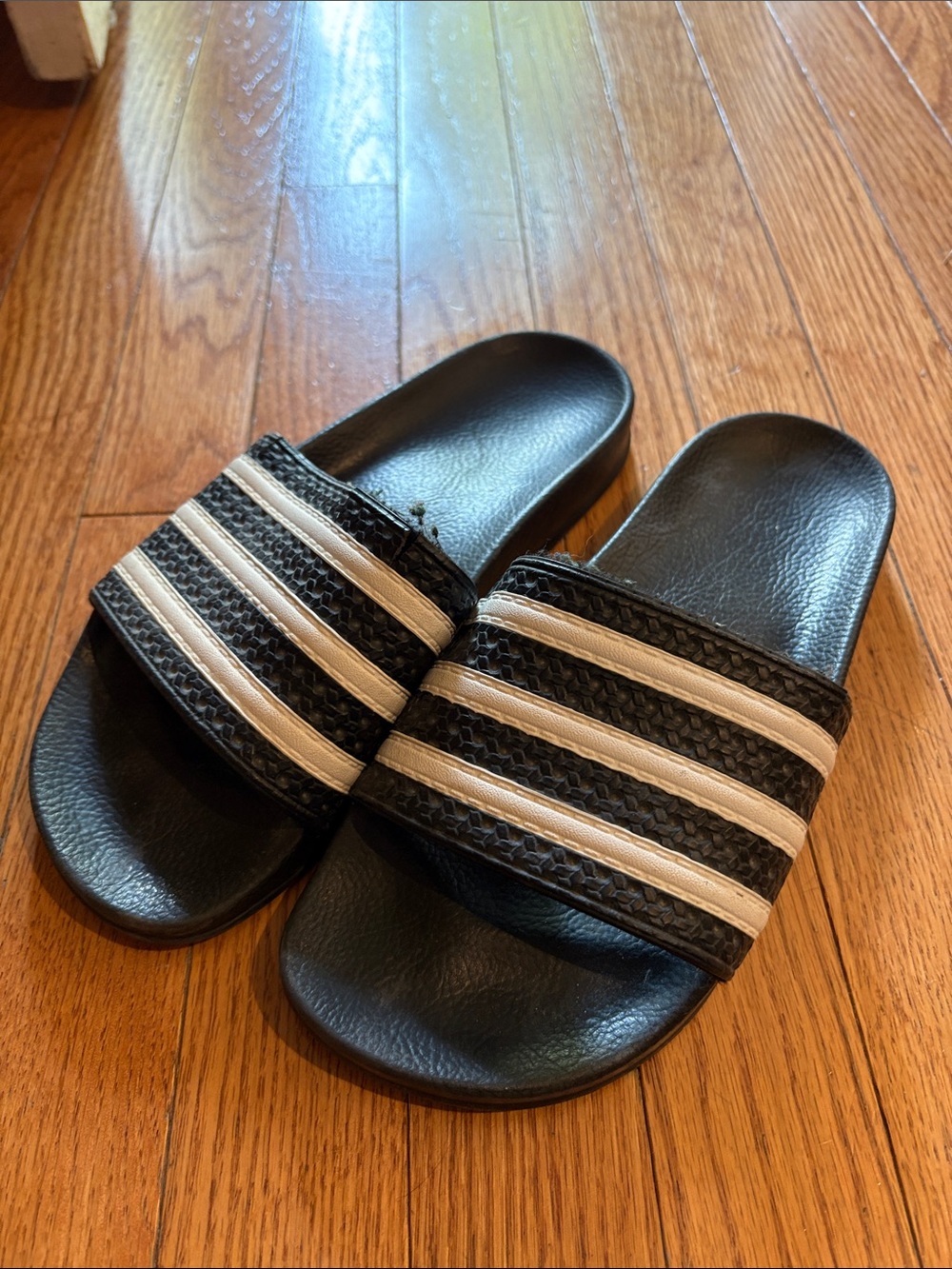 adidas Black Slide Sandals with White Stripes